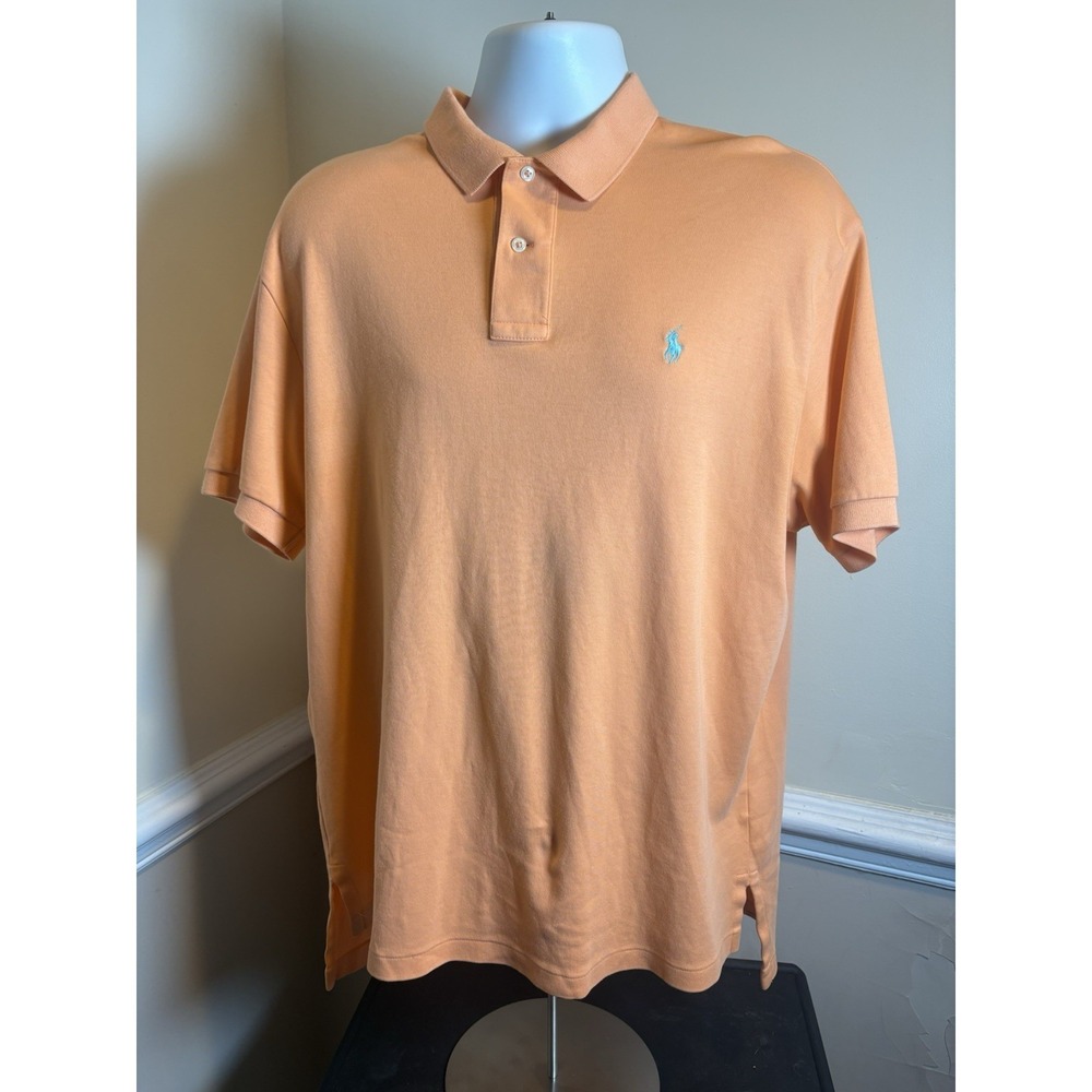 Polo Ralph Lauren Shirt Mens Large Peach/ Orange Short Sleeve Golf Teal Pony - Picture 1 of 8